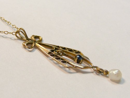 VICTORIAN 10K YELLOW GOLD BLUE TOURMALINE & PEARL LAVALIER NECKLACE 